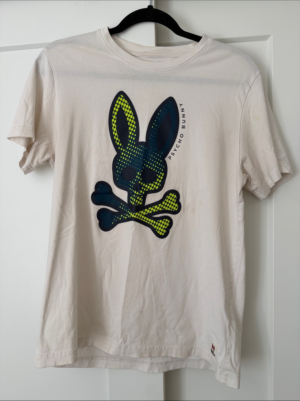 Psycho Bunny Cream Tee with Navy & Neon Green Logo